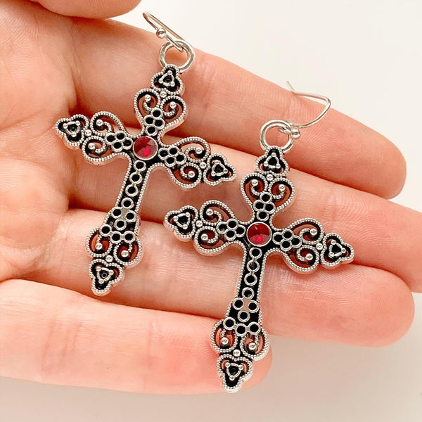 Large Cross Earrings Birthstone Earrings Gothic Cross Jewelry-Lydia's Vintage | Handmade Personalized Vintage Style Earrings and Ear Cuffs