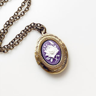 Rose Cameo Locket Necklace Purple Vintage Style Photo Locket Gift for Women-Lydia's Vintage | Handmade Personalized Vintage Style Necklaces, Lockets, Earrings, Bracelets, Brooches, Rings