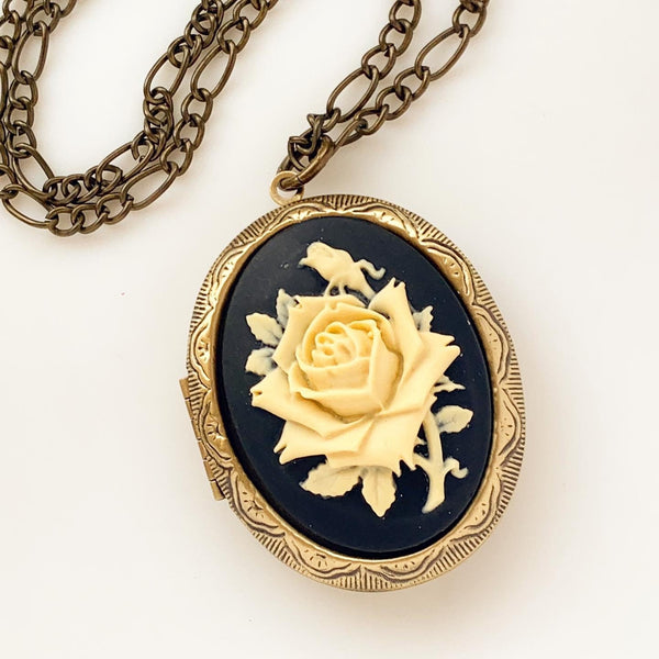 Rose Cameo Locket Necklace Large Romantic Floral Locket-Lydia's Vintage | Handmade Personalized Vintage Style Necklaces, Lockets, Earrings, Bracelets, Brooches, Rings