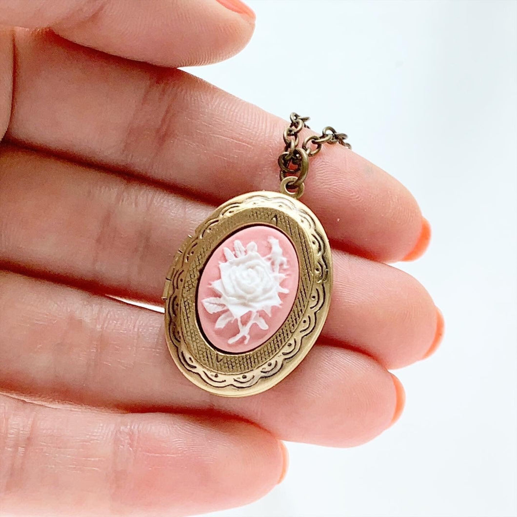 Pink Rose Locket Cameo Necklace Gift for Her Rose Jewelry