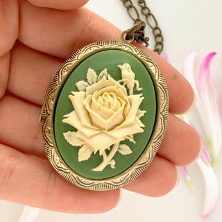 Large Rose Cameo Locket Necklace Green Floral Locket-Lydia's Vintage | Handmade Personalized Vintage Style Necklaces, Lockets, Earrings, Bracelets, Brooches, Rings