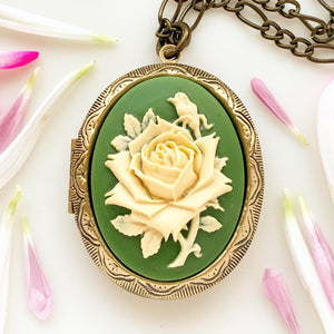 Large Rose Cameo Locket Necklace Green Floral Locket
