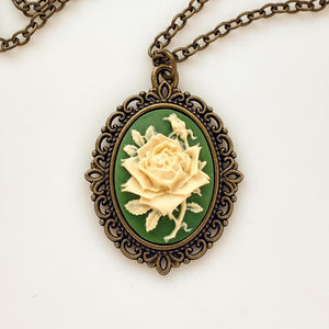 Rose Cameo Necklace Cameo Jewelry Green Irish Rose Pendant-Lydia's Vintage | Handmade Personalized Vintage Style Necklaces, Lockets, Earrings, Bracelets, Brooches, Rings