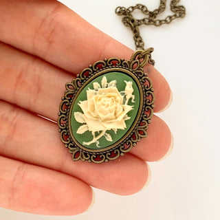 Rose Cameo Necklace Cameo Jewelry Green Irish Rose Pendant-Lydia's Vintage | Handmade Personalized Vintage Style Necklaces, Lockets, Earrings, Bracelets, Brooches, Rings