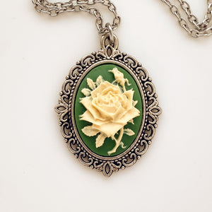 Green Rose Cameo Necklace Rose Pendant Cameo Jewelry