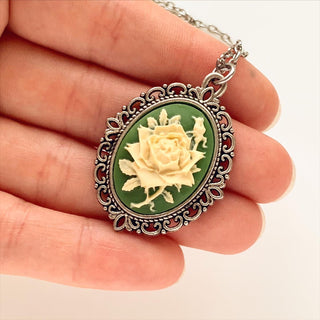 Green Rose Cameo Necklace Rose Pendant Cameo Jewelry-Lydia's Vintage | Handmade Personalized Vintage Style Necklaces, Lockets, Earrings, Bracelets, Brooches, Rings