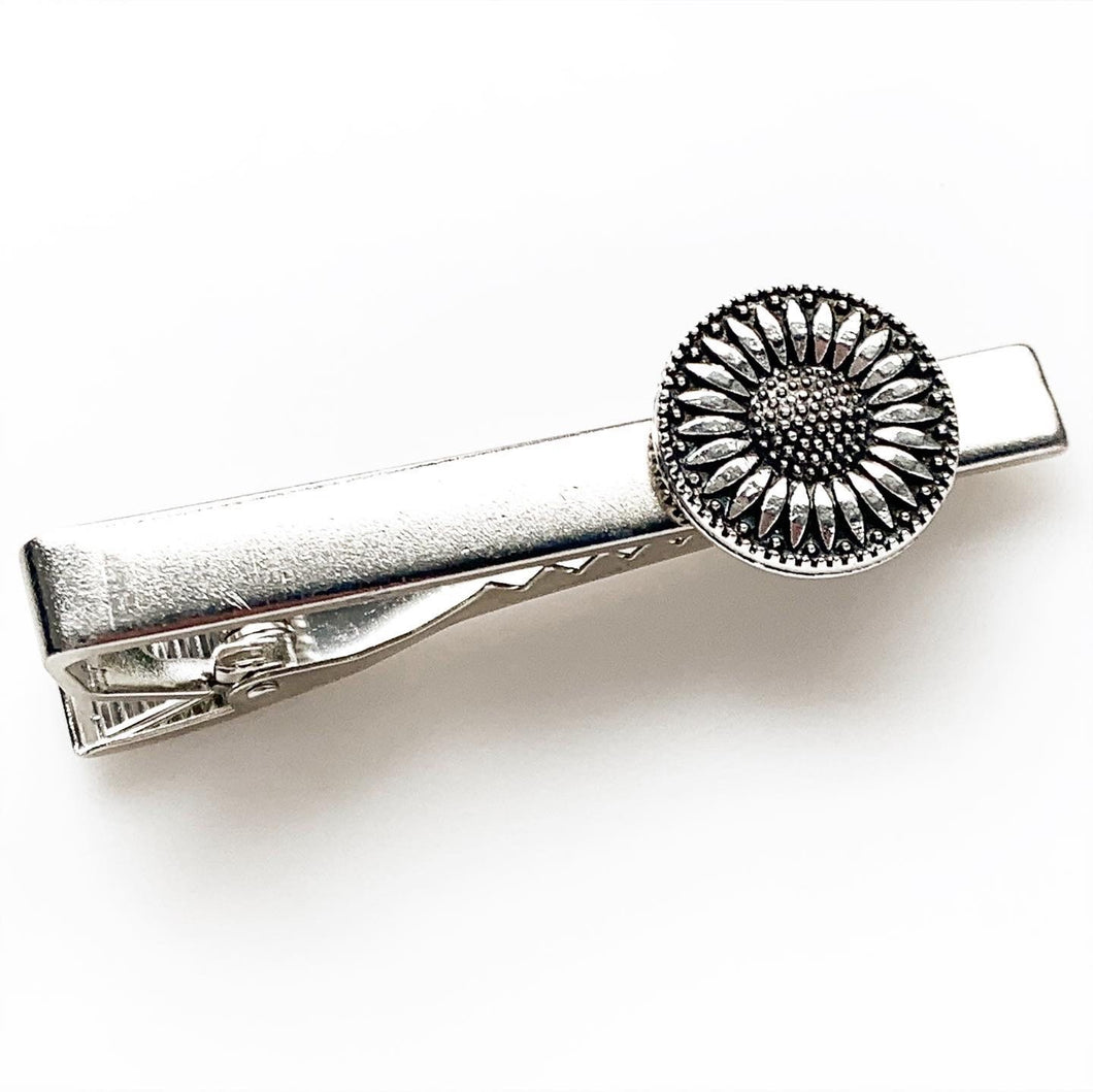 Sunflower Tie Clip Tie Bar Silver Tie Clip Wedding Gift for Men-Lydia's Vintage | Handmade Personalized Cufflinks and Tie Tacks