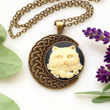 Load image into Gallery viewer, Celtic Cat Necklace Cat Cameo Celtic Moon Necklace