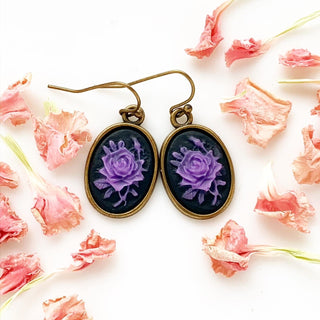 Cameo Earrings Purple Rose Earrings Cameo Jewelry Gift for Her-Lydia's Vintage | Handmade Personalized Vintage Style Earrings and Ear Cuffs