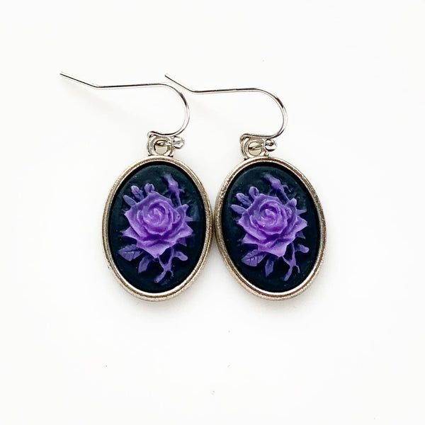 Purple Rose Cameo Earrings Rose Earrings Cameo Jewelry Gift for Her-Lydia's Vintage | Handmade Personalized Vintage Style Earrings and Ear Cuffs
