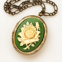 Load image into Gallery viewer, Large Rose Cameo Locket Necklace Green Floral Locket