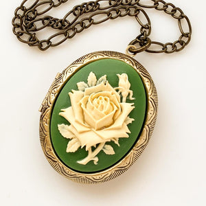 Large Rose Cameo Locket Necklace Green Floral Locket