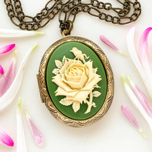 Load image into Gallery viewer, Large Rose Cameo Locket Necklace Green Floral Locket