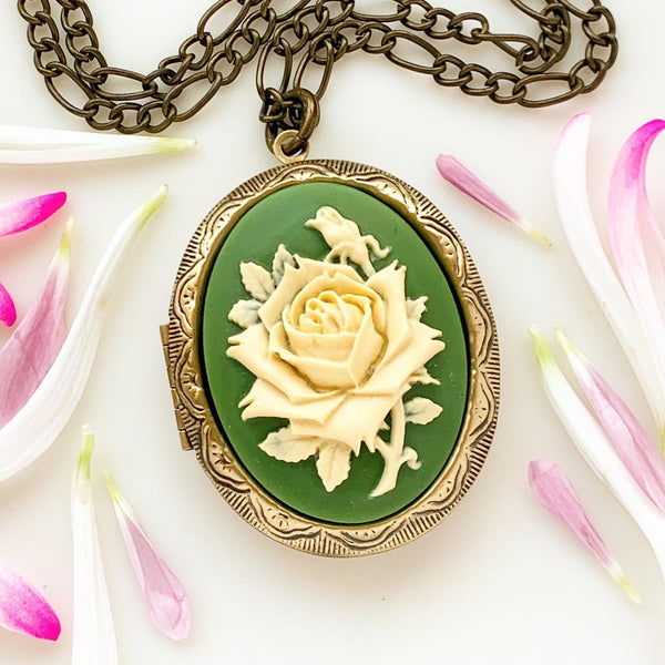 Large Rose Cameo Locket Necklace Green Floral Locket-Lydia's Vintage | Handmade Personalized Vintage Style Necklaces, Lockets, Earrings, Bracelets, Brooches, Rings