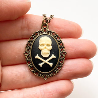Skull Necklace Gothic Cameo Necklace Pirate Costume Renaissance Faire Skull and Crossbones-Lydia's Vintage | Handmade Custom Cosplay, Renaissance Fair Inspired Style Necklaces, Earrings, Bracelets, Brooches, Rings