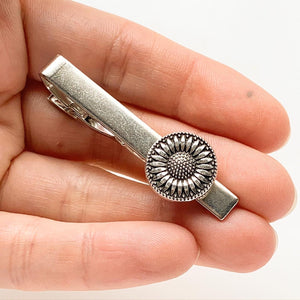 Sunflower Tie Clip Tie Bar Silver Tie Clip Wedding Gift for Men-Lydia's Vintage | Handmade Personalized Cufflinks and Tie Tacks