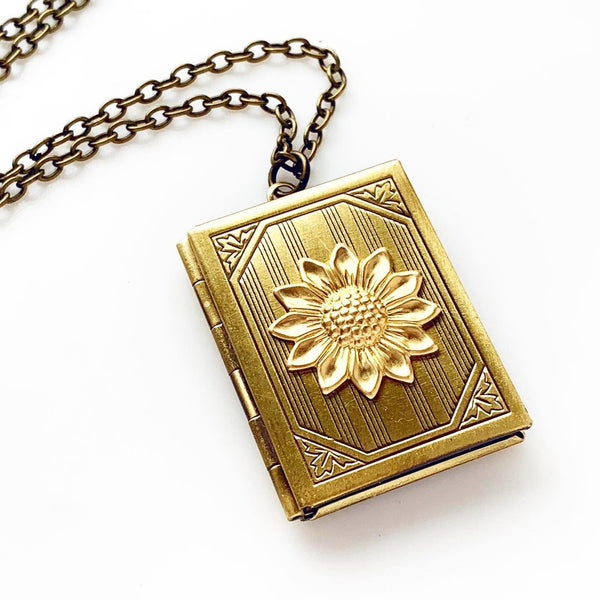 Sunflower Locket Necklace Photo Locket Book Jewelry-Lydia's Vintage | Handmade Personalized Vintage Style Necklaces, Lockets, Earrings, Bracelets, Brooches, Rings