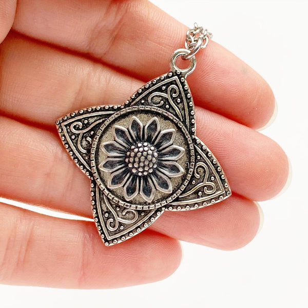 Sunflower Necklace Silver Sunflower Pendant Gift for Her-Lydia's Vintage | Handmade Personalized Vintage Style Necklaces, Lockets, Earrings, Bracelets, Brooches, Rings
