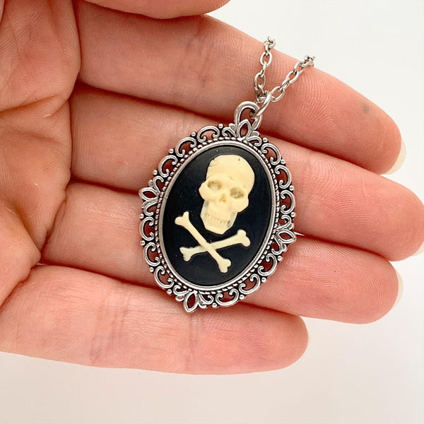 Skull Cameo Necklace Pirate Jewelry Jolly Roger Skull and Crossbones-Lydia's Vintage | Handmade Custom Cosplay, Pirate Inspired Style Necklaces, Earrings, Bracelets, Brooches, Rings