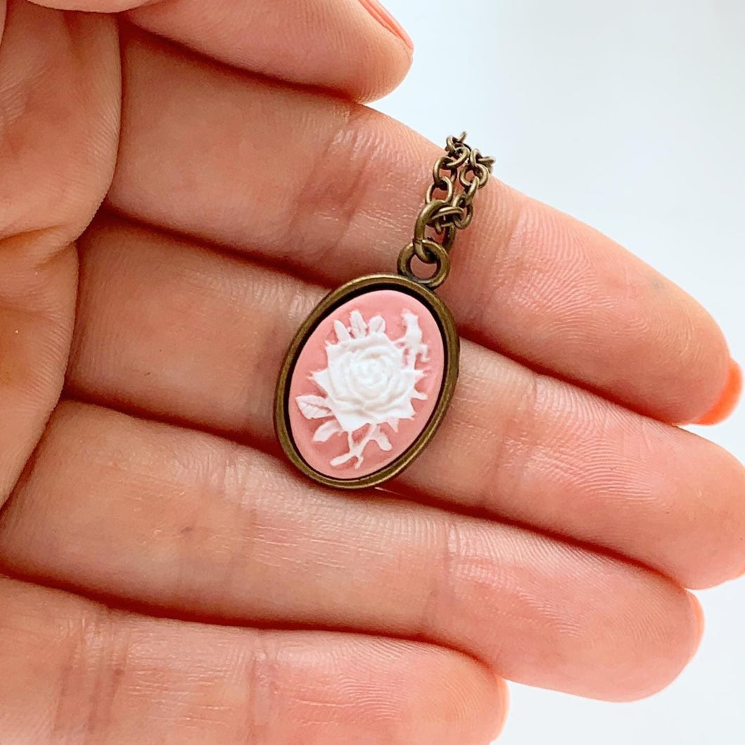 Rose Cameo Necklace Pink and White Roses Necklace-Lydia's Vintage | Handmade Personalized Vintage Style Necklaces, Lockets, Earrings, Bracelets, Brooches, Rings