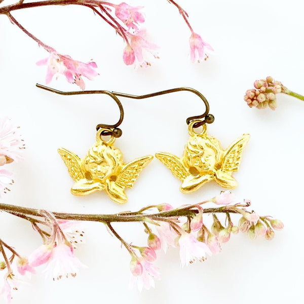Cherub Earrings Gold Cherubs Baby Angel Earrings-Lydia's Vintage | Handmade Personalized Vintage Style Earrings and Ear Cuffs