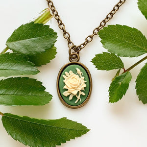 Rose Cameo Necklace Green Rose Pendant Gift for Her