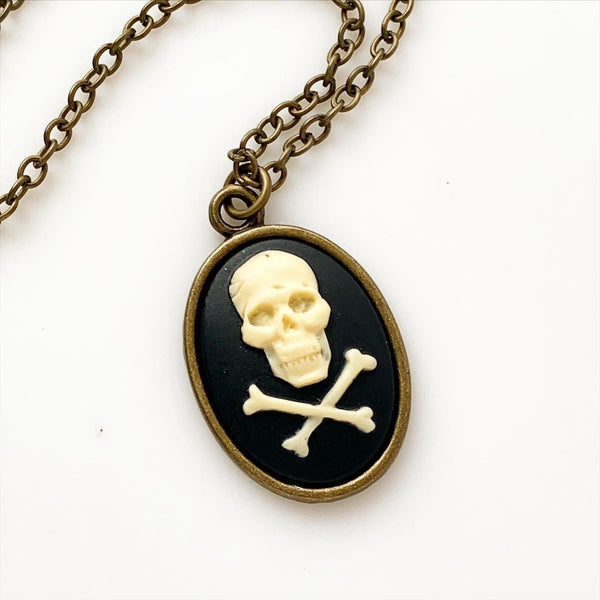 Skull Cameo Necklace Skull and Crossbones Pirate Necklace Renaissance Faire-Lydia's Vintage | Handmade Custom Cosplay, Renaissance Fair Inspired Style Necklaces, Earrings, Bracelets, Brooches, Rings