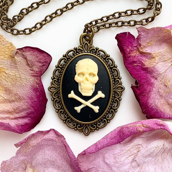 Skull Necklace Gothic Cameo Necklace Pirate Costume Renaissance Faire Skull and Crossbones-Lydia's Vintage | Handmade Custom Cosplay, Renaissance Fair Inspired Style Necklaces, Earrings, Bracelets, Brooches, Rings