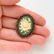 Load image into Gallery viewer, Rose Cameo Brooch Green Irish Rose Pin Cameo Jewelry-Lydia&#39;s Vintage | Handmade Vintage Style Jewelry, Brooches, Pins, Necklaces, Bracelets