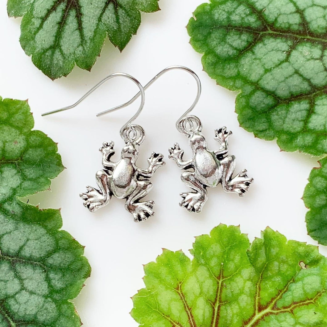 Frog Earrings Silver Frog Jewelry Cute Earrings-Lydia's Vintage | Handmade Personalized Vintage Style Earrings and Ear Cuffs