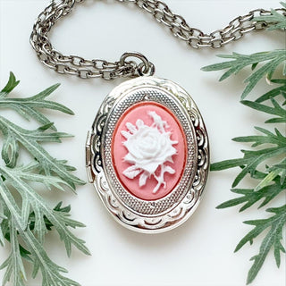 Rose Cameo Locket Necklace Flower Locket Pendant Gift for Women-Lydia's Vintage | Handmade Personalized Vintage Style Necklaces, Lockets, Earrings, Bracelets, Brooches, Rings