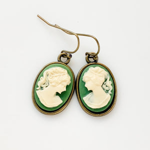 Green Cameo Earrings Vintage Style Gift for Her