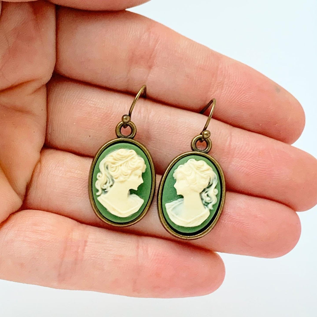 Green Cameo Earrings Vintage Style Gift for Her