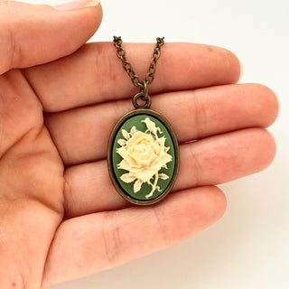 Cameo Necklace Rose Cameo Green Irish Rose Cameo Jewelry-Lydia's Vintage | Handmade Personalized Vintage Style Necklaces, Lockets, Earrings, Bracelets, Brooches, Rings