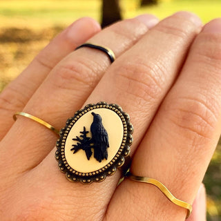 Raven Ring Gothic Cameo Ring Crow Edgar Allan Poe-Lydia's Vintage | Handmade Personalized Vintage Style Rings, Earrings, Bracelets, Brooches, Necklaces, Lockets