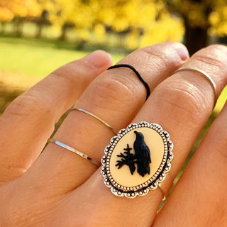 Raven Cameo Ring Gothic Ring Crow Edgar Allan Poe-Lydia's Vintage | Handmade Personalized Vintage Style Rings, Earrings, Bracelets, Brooches, Necklaces, Lockets
