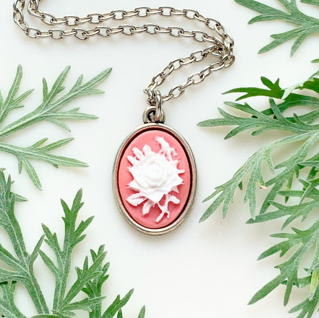 Rose Cameo Necklace Pink and White Rose Necklace Cameo Jewelry-Lydia's Vintage | Handmade Personalized Vintage Style Necklaces, Lockets, Earrings, Bracelets, Brooches, Rings