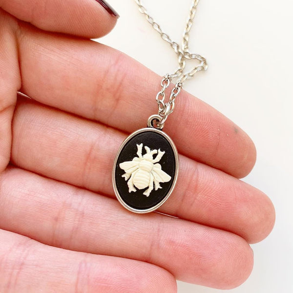 Bee Cameo Necklace Bee Necklace Cameo Jewelry Bee Gifts-Lydia's Vintage | Handmade Personalized Vintage Style Necklaces, Lockets, Earrings, Bracelets, Brooches, Rings