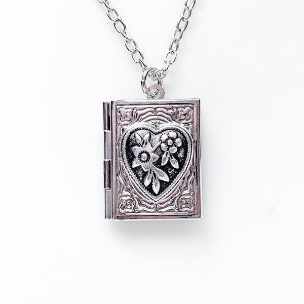 Heart Book Locket Necklace Silver Heart Locket Gift for Her Photo Locket-Lydia's Vintage | Handmade Personalized Vintage Style Necklaces, Lockets, Earrings, Bracelets, Brooches, Rings