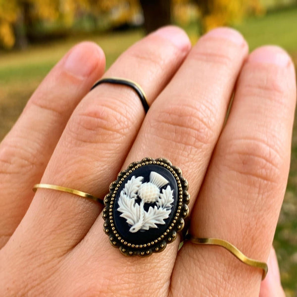 Scottish Thistle Cameo Ring Scotland Cameo Jewelry-Lydia's Vintage | Handmade Personalized Vintage Style Necklaces, Lockets, Earrings, Bracelets, Brooches, Rings