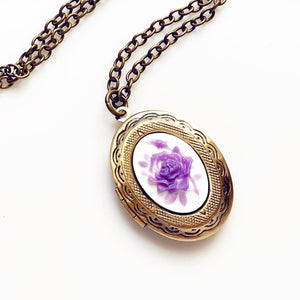 Rose Cameo Locket Necklace Purple Rose Gifts for Women-Lydia's Vintage | Handmade Personalized Vintage Style Necklaces, Lockets, Earrings, Bracelets, Brooches, Rings