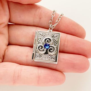 Triskelion Book Locket Necklace Birthstone Locket Celtic Necklace-Lydia's Vintage | Handmade Personalized Vintage Style Necklaces, Lockets, Earrings, Bracelets, Brooches, Rings