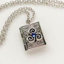 Load image into Gallery viewer, Triskelion Book Locket Necklace Birthstone Locket Celtic Necklace