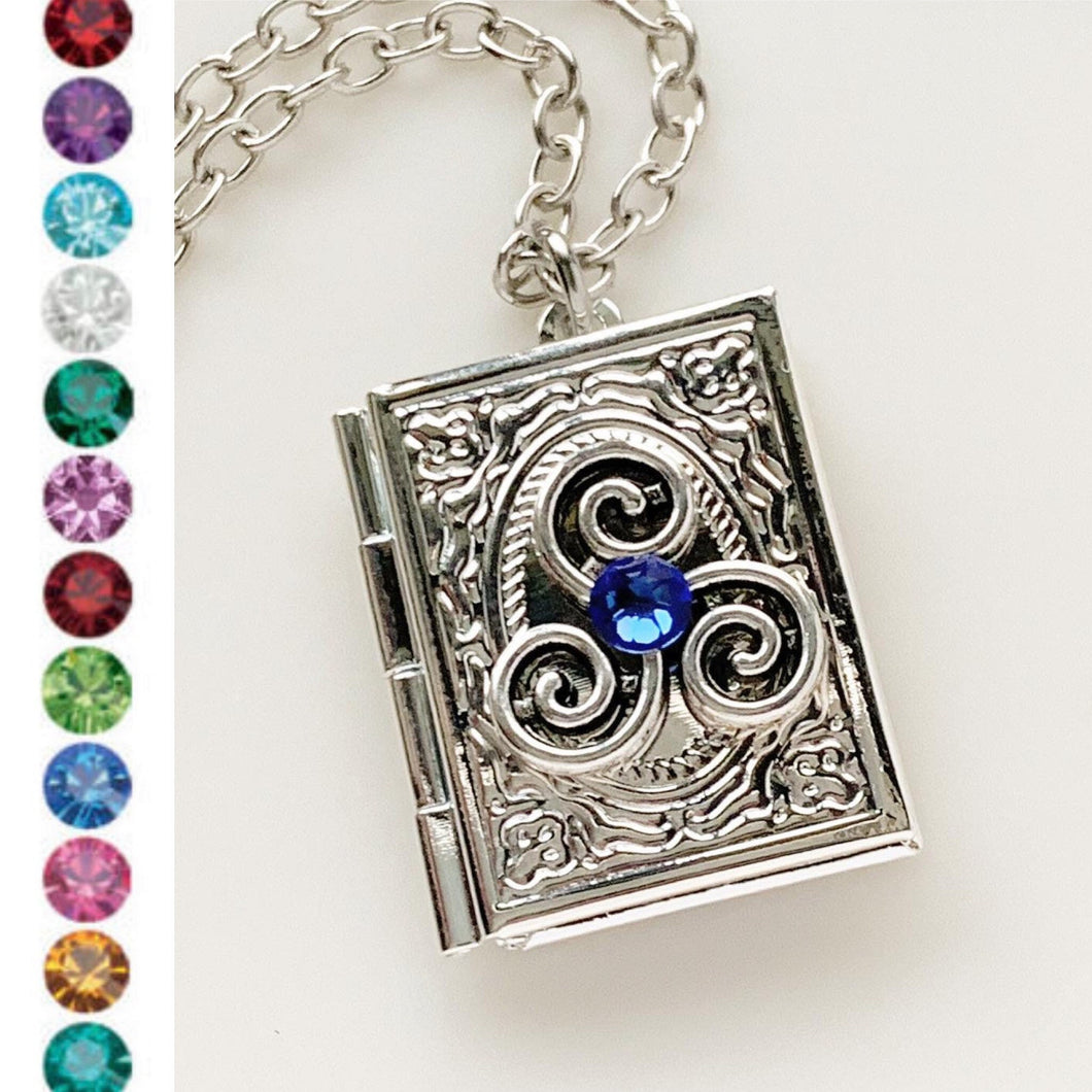 Triskelion Book Locket Necklace Birthstone Locket Celtic Necklace