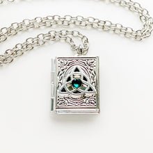 Load image into Gallery viewer, Celtic Knot Book Locket Necklace Birthstone Locket Trinity Knot Triquetra