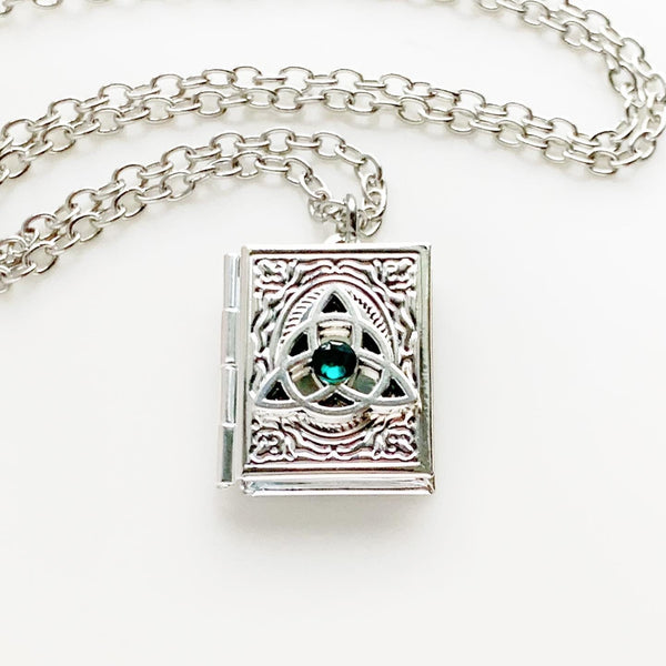 Celtic Knot Book Locket Necklace Birthstone Locket Trinity Knot Triquetra-Lydia's Vintage | Handmade Personalized Vintage Style Necklaces, Lockets, Earrings, Bracelets, Brooches, Rings