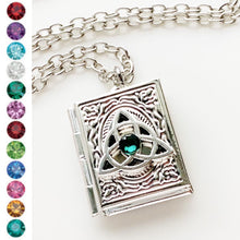 Load image into Gallery viewer, Celtic Knot Book Locket Necklace Birthstone Locket Trinity Knot Triquetra-Lydia&#39;s Vintage | Handmade Personalized Vintage Style Necklaces, Lockets, Earrings, Bracelets, Brooches, Rings