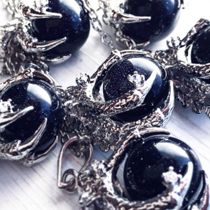 Dragon Claw Necklace / Silver Dragon Claw Pendant Blue Goldstone Blue Sand Dragon Claw Fantasy Renaissance Faire Boho Sparkly Glitter Orb